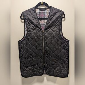 Barbour Black Waistcoat Quilted Zip In Liner Vest Plaid Lining Size 42 Old Money
